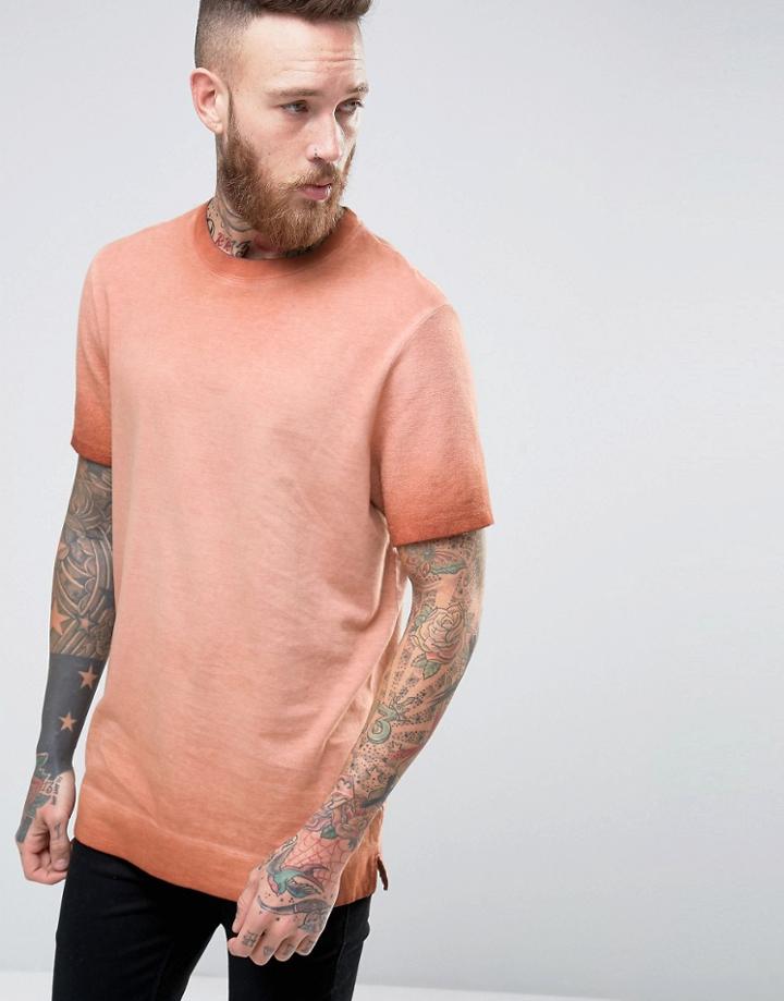 Asos Longline T-shirt With Reverse Sleeves In Orange Rust Wash - Orang