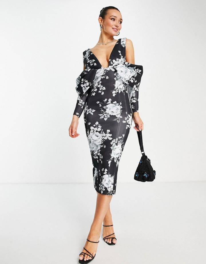 Asos Design Drape Sleeve Plunge Neck Pencil Dress Gray Floral-multi