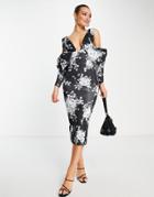 Asos Design Drape Sleeve Plunge Neck Pencil Dress Gray Floral-multi