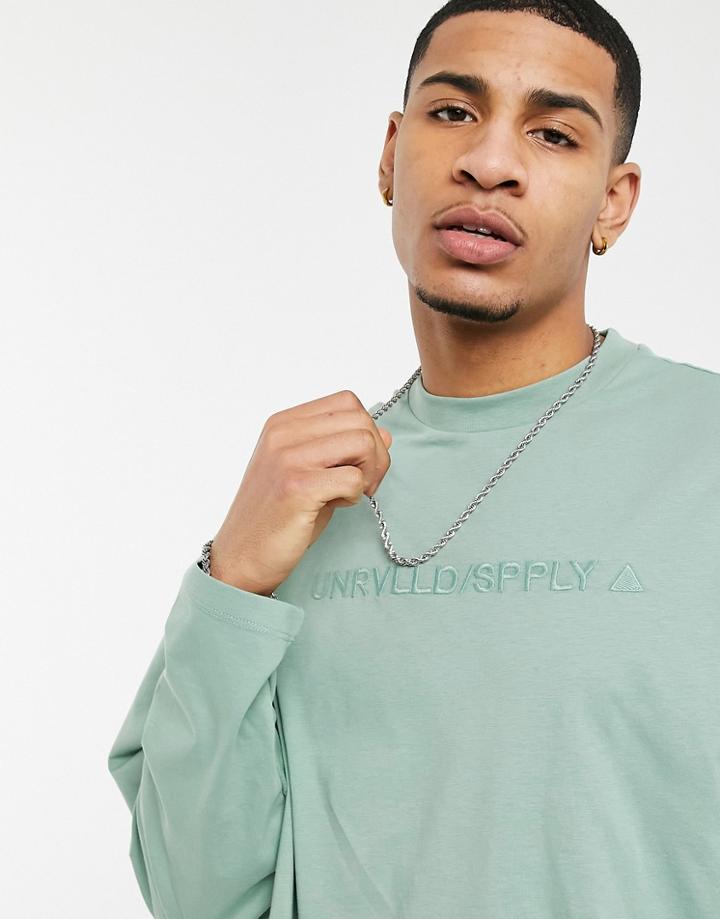 Asos Unrvlld Spply Oversized Long Sleeve T-shirt In Sage Green With Chest Embroidery