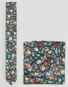 Asos Floral Tie And Pocket Square Set - Blue