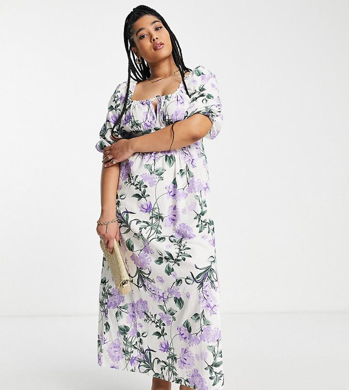 River Island Plus Floral Milkmaid Midi Dress In Light Purple