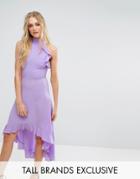 John Zack Tall Wrap Ruffle Detail High Neck Midi Dress - Purple