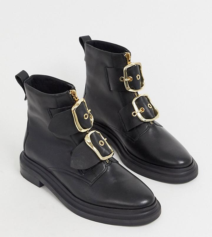 Asos Design Wide Fit Attribute Premium Leather Hardware Boots In Black - Black