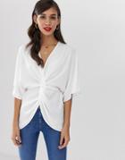 Asos Design Knot Front Top With Kimono Sleeve-white