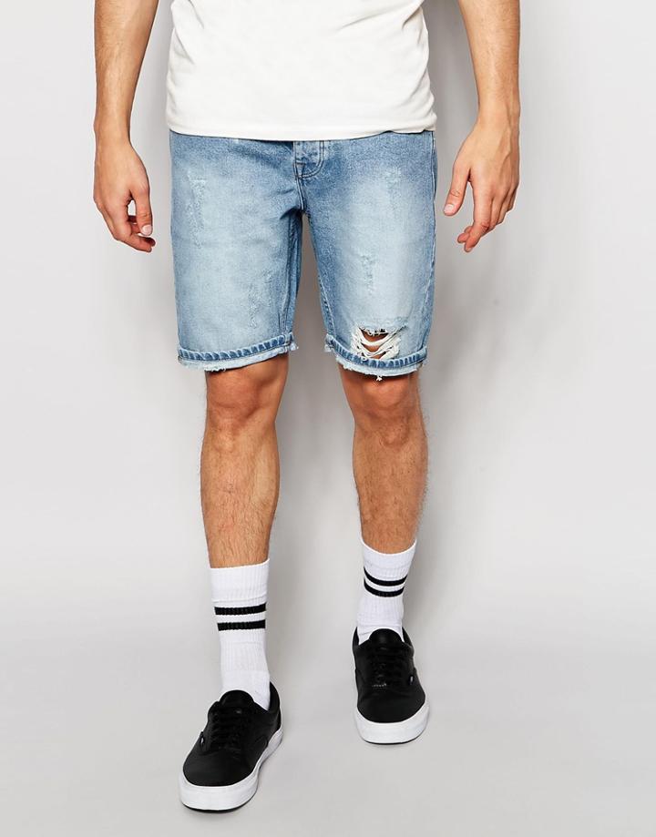 Asos Denim Shorts In Slim With Rip And Repair - Vintage Blue