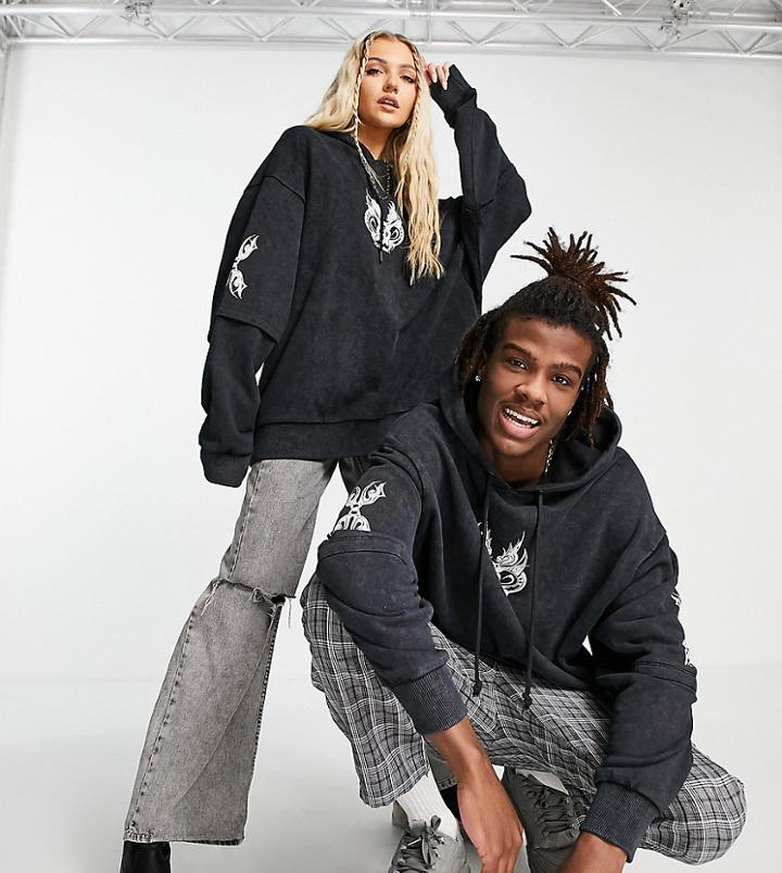Collusion Unisex Oversized Hoodie With Mock Layer Sleeve In Acid Wash-black