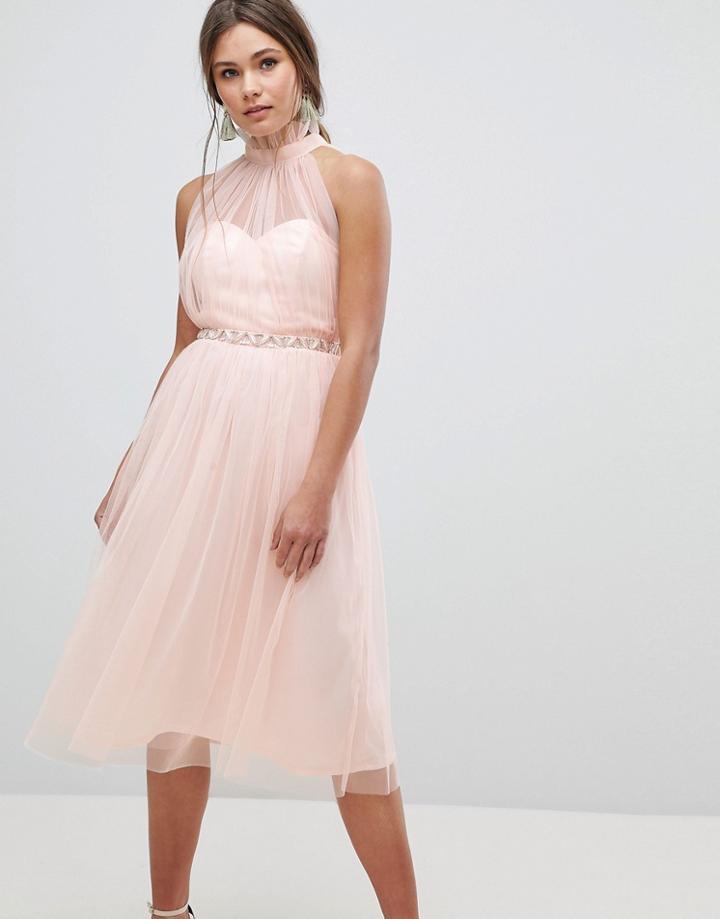 Asos Embellished Waist High Neck Tulle Midi Dress - Multi