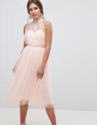 Asos Embellished Waist High Neck Tulle Midi Dress - Multi
