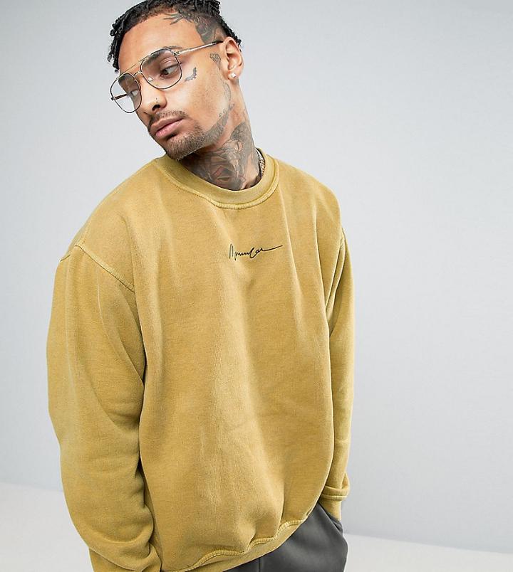 Mennace Embroidered Logo Sweatshirt In Washed Mustard - Yellow