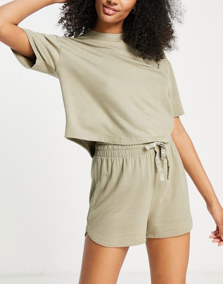 River Island Brushed Back Loungewear Shorts In Khaki - Part Of A Set-green