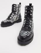 Asos Design Alma Lace Up Hiker Boots With Trim Detail In Zebra-multi