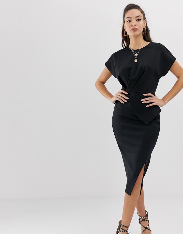 Asos Design Midi Pencil Dress With Gathered Peplum Waist - Black