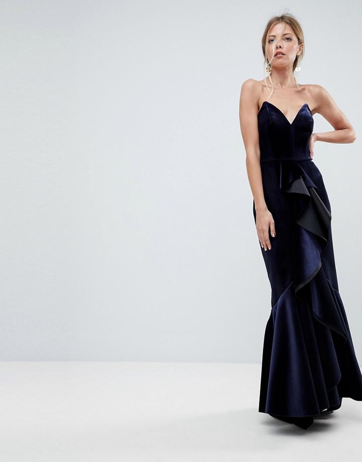 Asos Premium Velvet Ruffle Front Extreme Maxi Dress - Navy