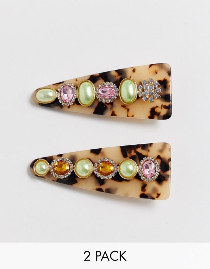 Asos Design Pack Of 2 Hair Clips In Crystal And Pearl Embellished Tortoiseshell - Multi
