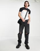 Asos Design Cropped Skinny T-shirt In Black & White With Cut Outs