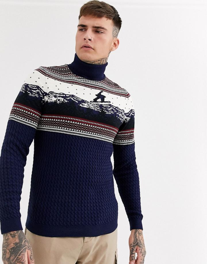 Asos Design Christmas Sweater With Roll Neck In Xmas Scene-navy