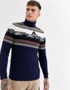 Asos Design Christmas Sweater With Roll Neck In Xmas Scene-navy