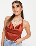 Parisian Satin Cami Strap Top With Cowl Neck In Rust-orange