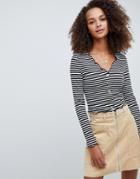 Asos Design V Neck Top In Rib With Button Front And Long Sleeve In Stripe - Multi