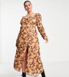 Asos Design Curve Sweetheart Neck Ruched Midi Tea Dress In Retro Bloom Print-multi