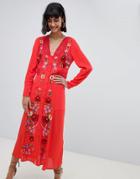 Asos Design Embroidered Maxi Dress - Red
