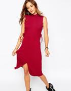 Asos High Neck Rib Midi Dress With Lace Up Detail - Red