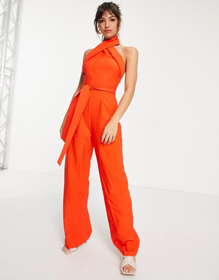 Asos Design Cross Neck Halter Belted Wide Leg Jumpsuit In Red-blues