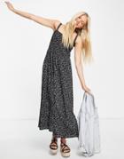 Aeropostale Shirred Midi Dress With Side Splits In Black Floral Print