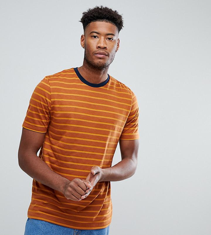 Asos Tall Relaxed Retro Stripe T-shirt In Mustard With Navy Ringer - Yellow