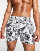 Brave Soul Swim Shorts In Black And White Marble Print