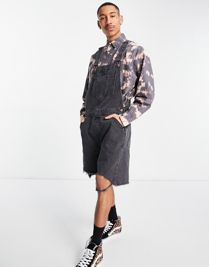 Asos Design Short Wide Leg Denim Overalls With Raw Hem In Washed Black