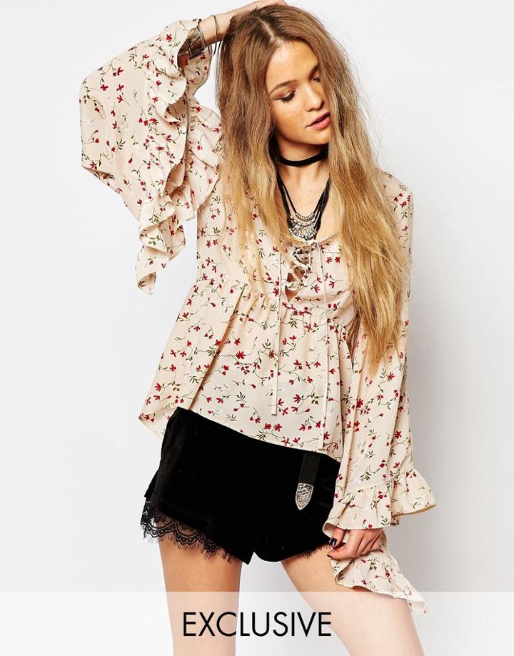 Reclaimed Vintage Bell Sleeve Boho Top In Festival Floral - Cream