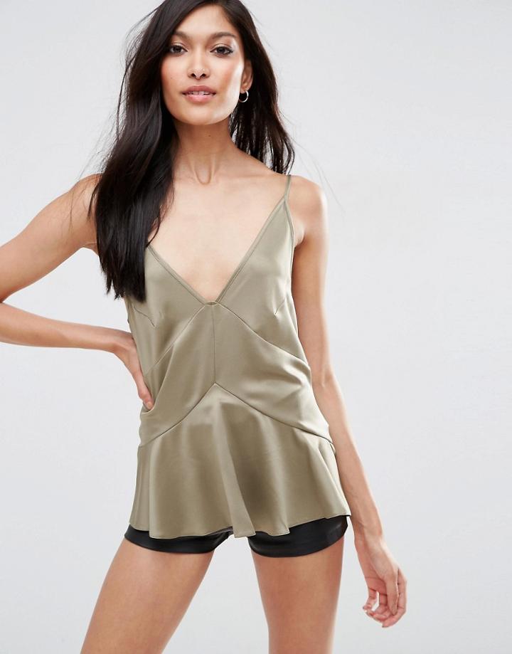 Asos Premium Satin Cami Top With Seam Detail - Green