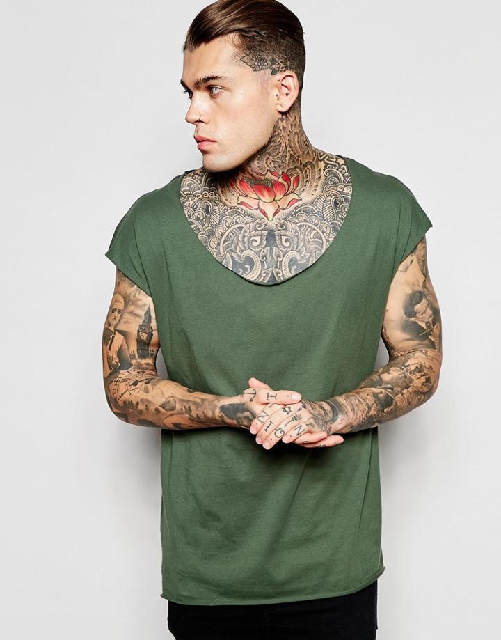 Asos Oversized Sleeveless T-shirt In Raw Edge With Scoop Neck In Green - Thyme