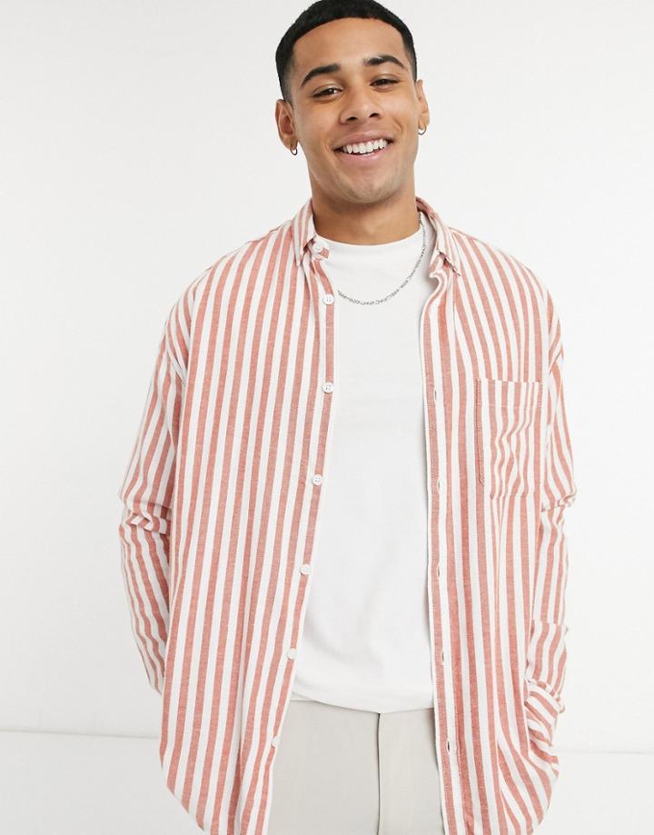 Asos Design Peached Cotton 90s Oversized Shirt In Rust With Narrow Stripes-orange