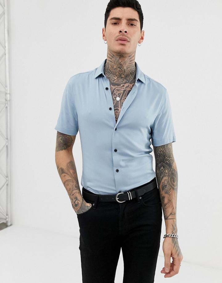 Asos Design Muscle Viscose Shirt In Dusty Blue