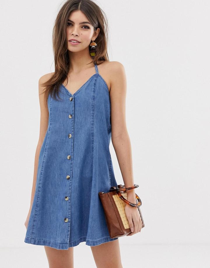 Asos Design Denim Halter Neck Mini Dress With Buttons In Midwash Blue