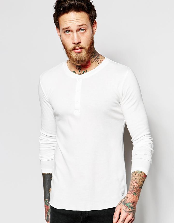 Edwin Long Sleeve Top Oarsman Grandad Fine Rib In White - Off White