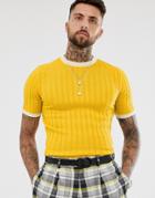 Asos Design Knitted Muscle Fit Ribbed T-shirt In Mustard - Yellow