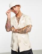 Asos Design Regular One Button Satin Shirt With Jacquard Palm Print-neutral