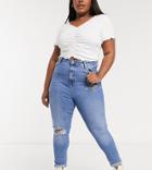 New Look Curve Ripped Mom Jeans In Mid Blue