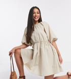 Asos Design Tall Cotton Poplin Smock Mini Dress In Stone-neutral