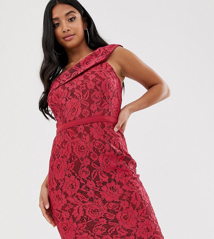 Little Mistress Petite One Shoulder All Over Lace Midi Dress - Pink