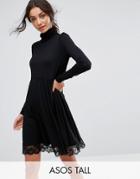 Asos Tall Turtleneck Skater Dress With Lace Hem - Black