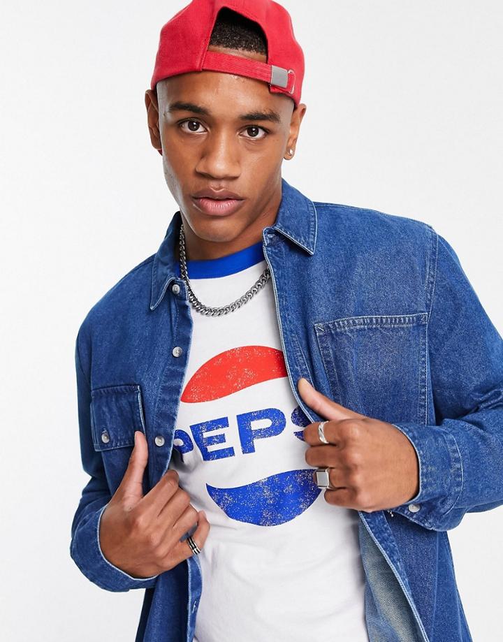 Topman Long Sleeve Denim Shirt In Midwash-blues