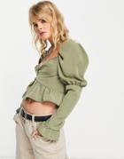 Topshop Button Through Tea Top In Khaki-green