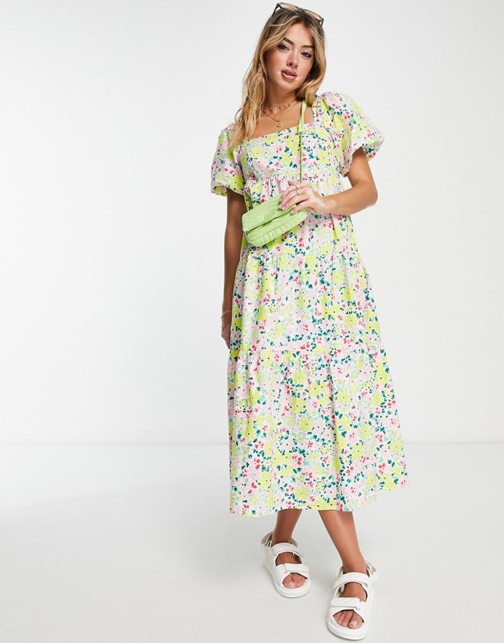 New Look Puff Sleeve Tie Back Midi Dress In Green Floral