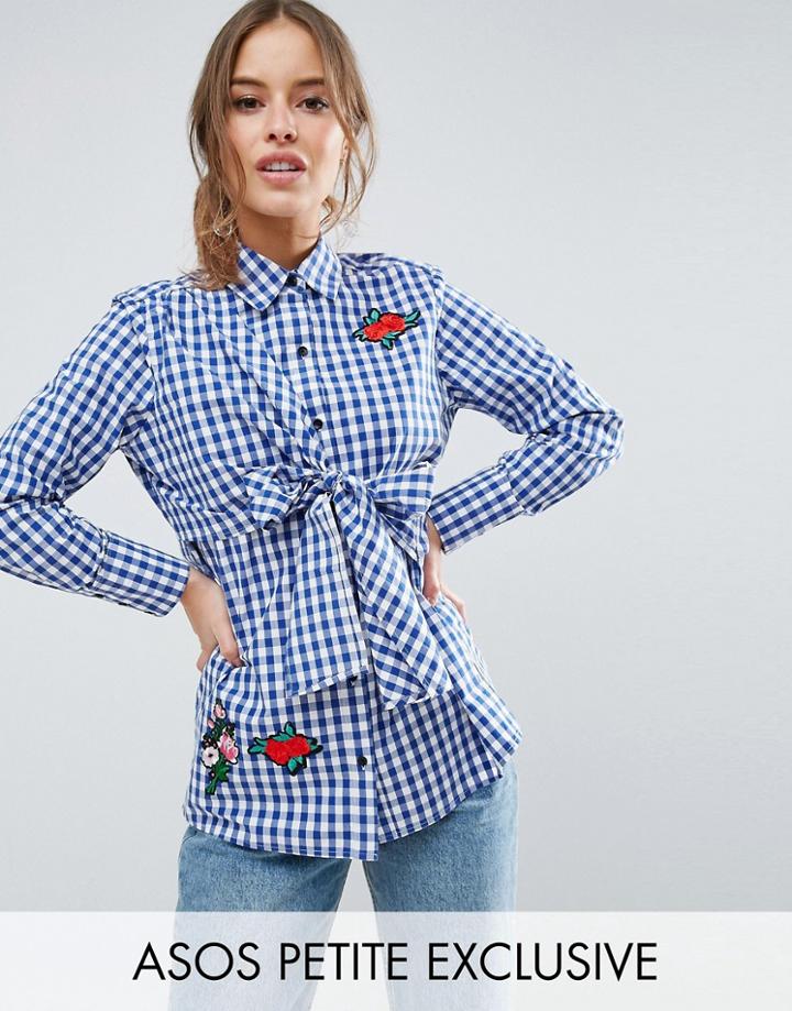 Asos Petite Gingham Shirt With Bow Front And Badges - Blue