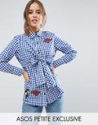 Asos Petite Gingham Shirt With Bow Front And Badges - Blue